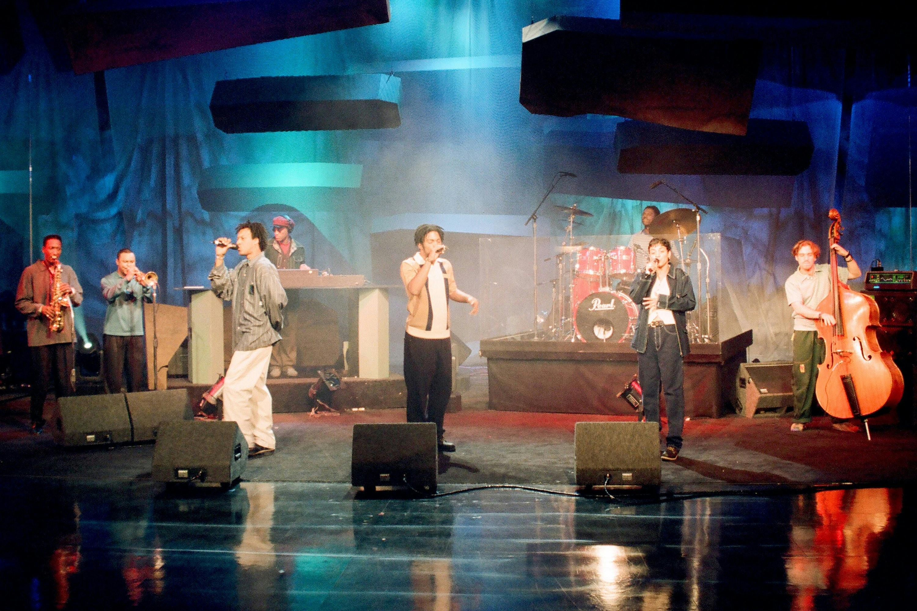 THE TONIGHT SHOW WITH JAY LENO -- Episode 214 -- Pictured: (l-r) Butterfly; Doodlebug and Ladybug Mecca of musical guest Digable Planets perform on April 29, 1993 -- (Photo by: Margaret Norton/NBCU Photo Bank/NBCUniversal via Getty Images via Getty Images)