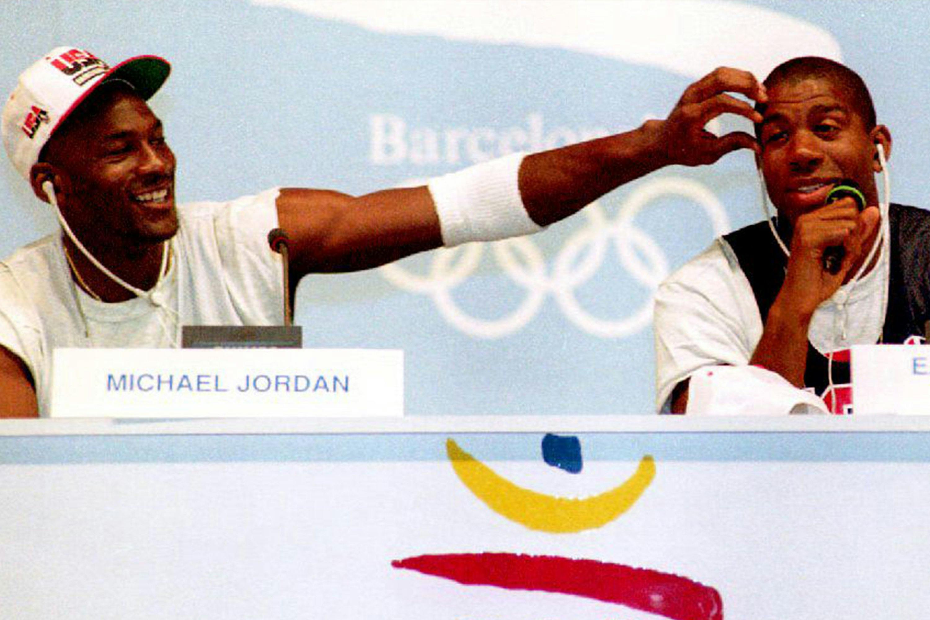 Michael Jordan and Earvin “Magic” Johnson during a press conference for the U.S. Olympic “Dream Team.