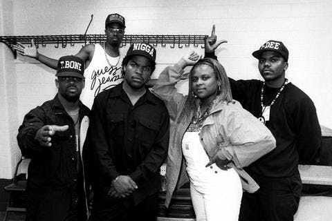 Ice Cube, with The Lench Mob (T-Bone, Sir Jinx, Yo-Yo and J-Dee) backstage at The Arena in St. Louis, Missouri in August 1990. (Photo By Raymond Boyd/Michael Ochs Archives/Getty Images)