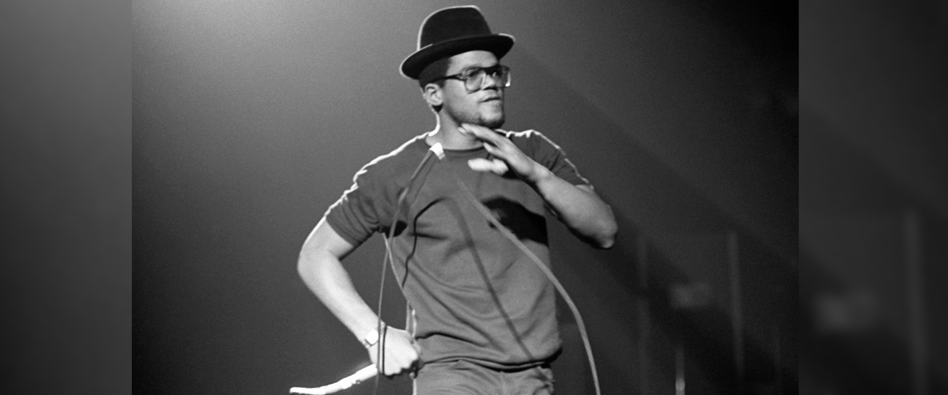 Run-D.M.C.
American rapper Darryl "DMC" McDaniels, of the American hip hop group Run-D.M.C, sings on stage during the 1985 Fresh Fest at the Providence Civic Center in Providence, Rhode Island in August 1985. (Photo by John Nordell/Getty Images)

