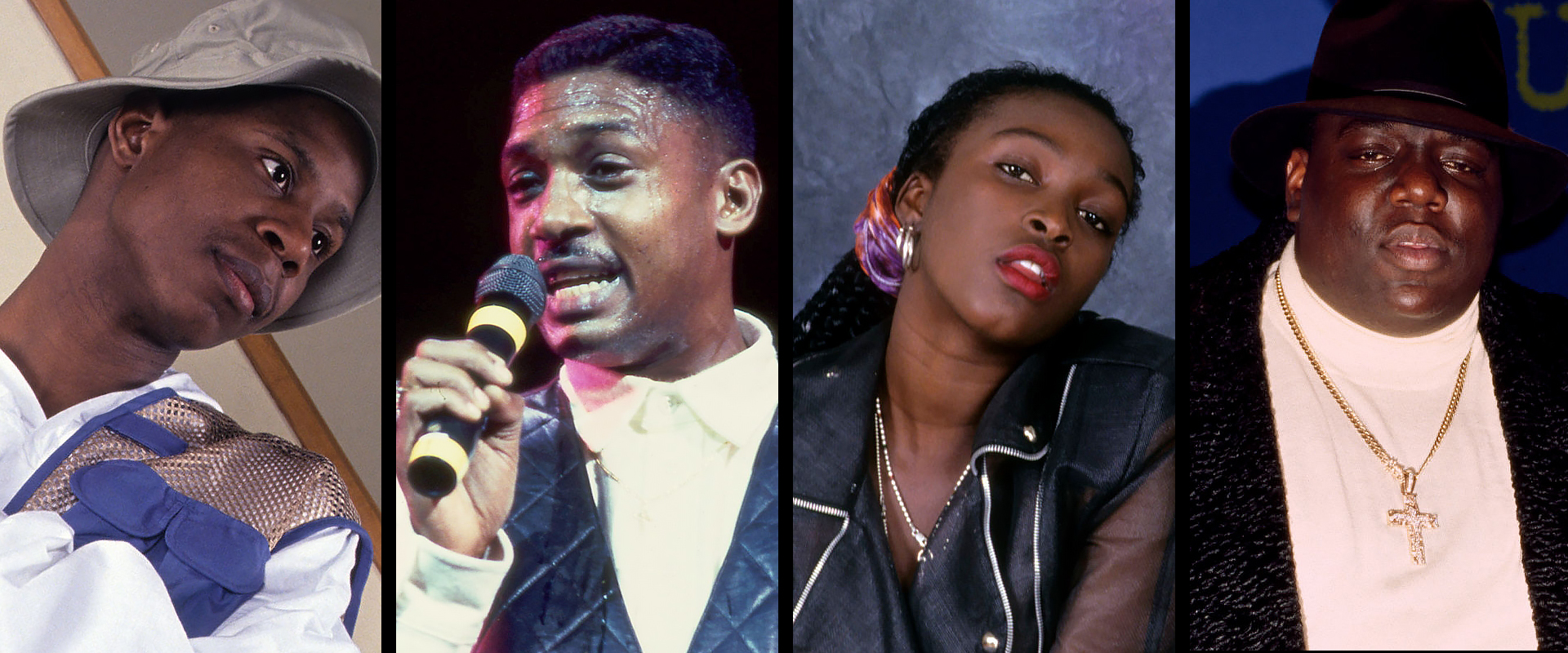 (L-R) Rapper Doug E. Fresh, dancehall singer Supercat, dancehall singer Patra, and rapper The Notorious B.I.G.