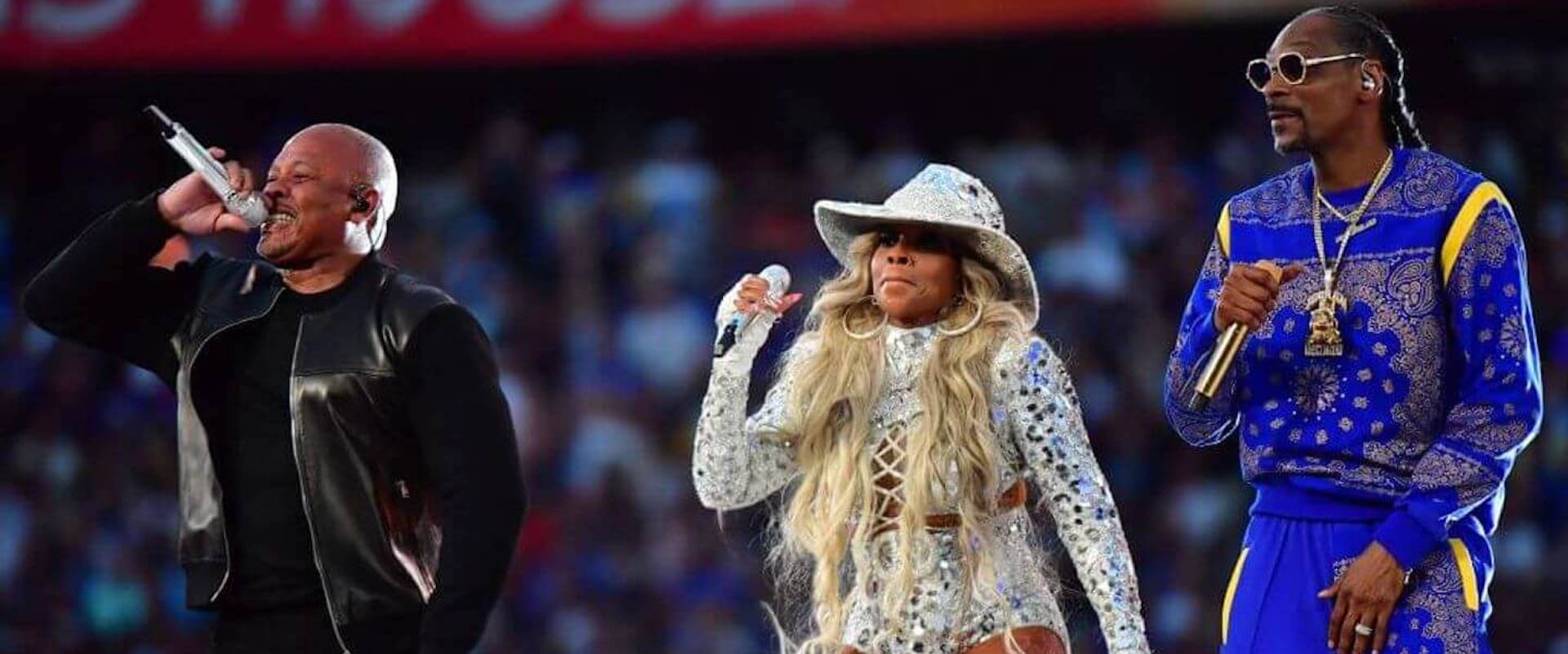 (L-R) Dr. Dre, Mary J. Blige, Snoop Dogg perform during the Super Bowl LVI Halftime Show at SoFi Stadium in Inglewood, CA on Feb. 13, 2022