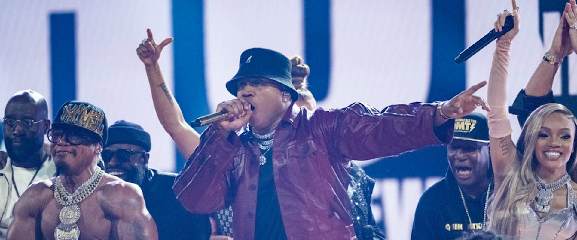 LOS ANGELES, CALIFORNIA - FEBRUARY 05: (FOR EDITORIAL USE ONLY) (L-R) Melle Mel, LL Cool J and GloRilla performs during the 65th GRAMMY Awards at Crypto.com Arena on February 05, 2023 in Los Angeles, California. 