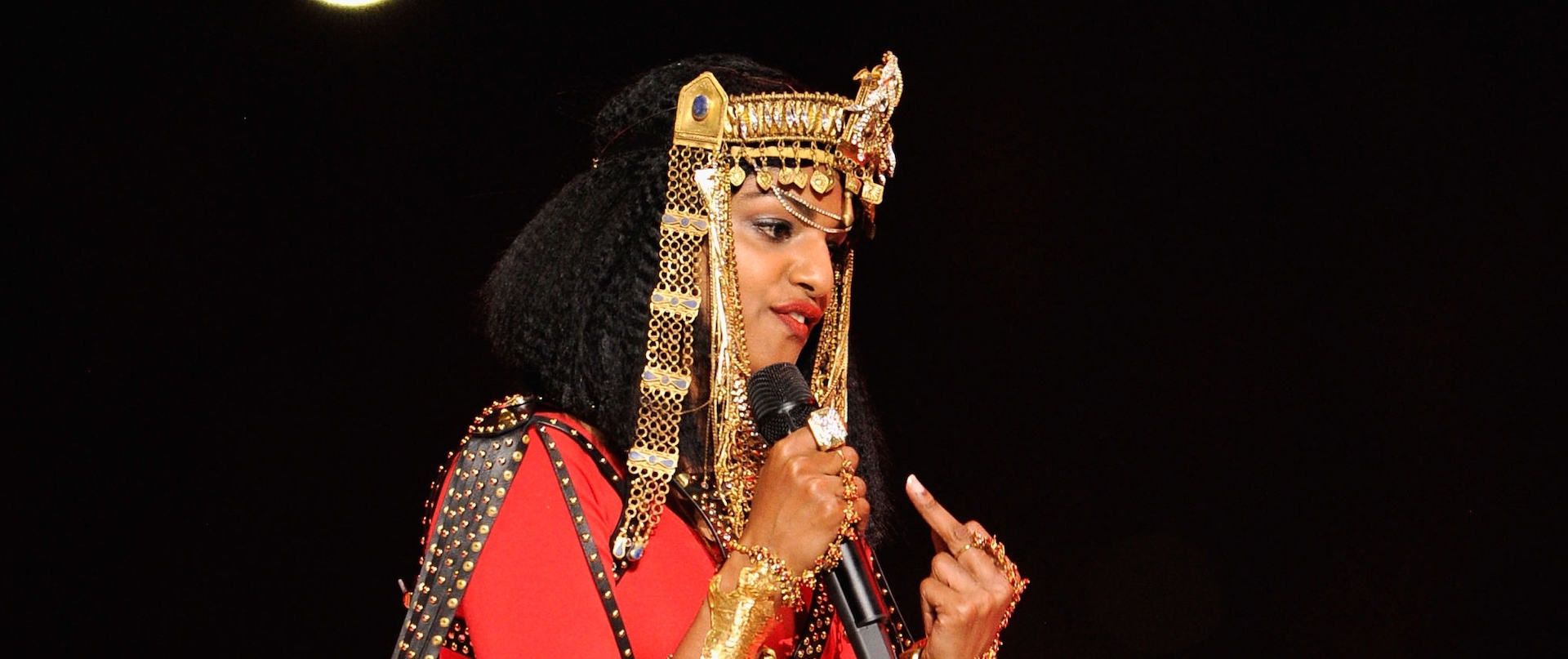 M.I.A. performs during the Bridgestone Super Bowl XLVI Halftime Show at Lucas Oil Stadium on February 5, 2012 in Indianapolis, Indiana.