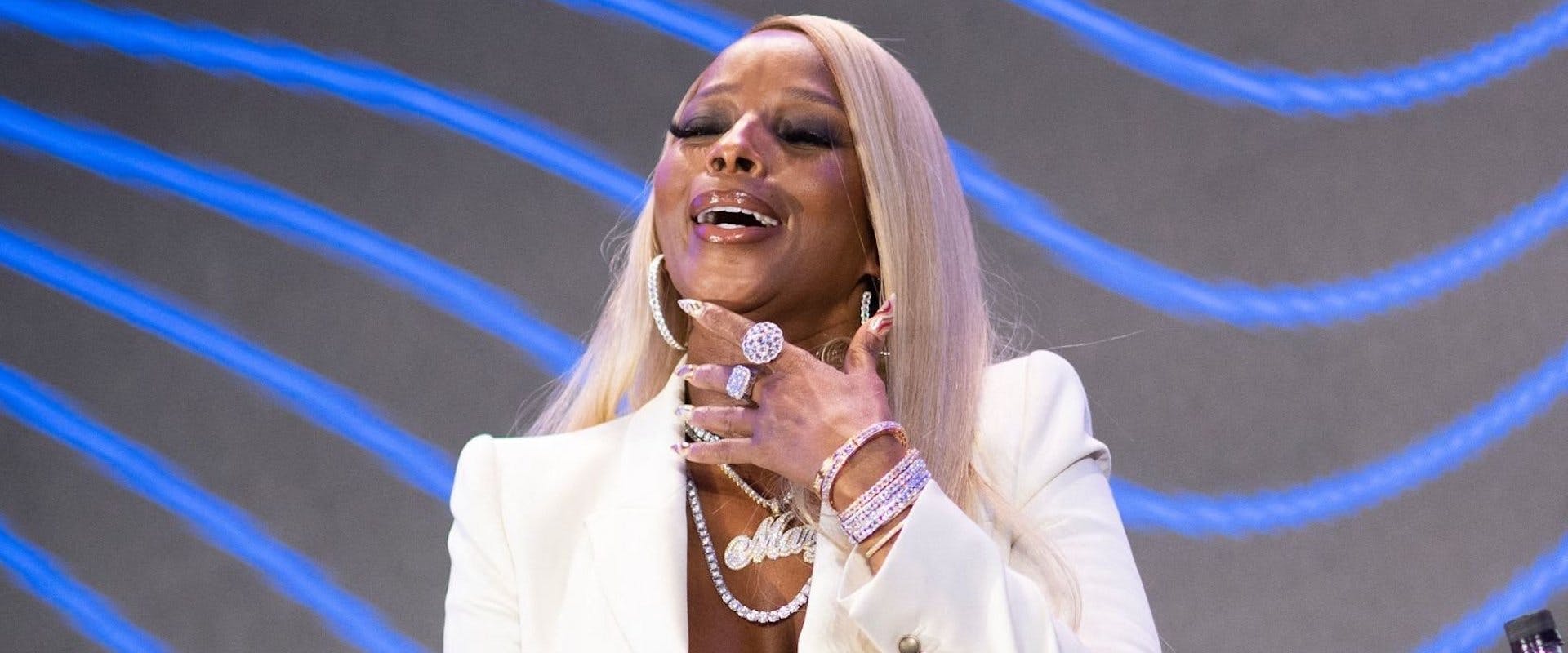 Singer/songwriter Mary J. Blige attends the Pepsi Super Bowl LVI Halftime Show Press Conference at the convention Center, in Los Angeles, California, on February 10, 2022. 