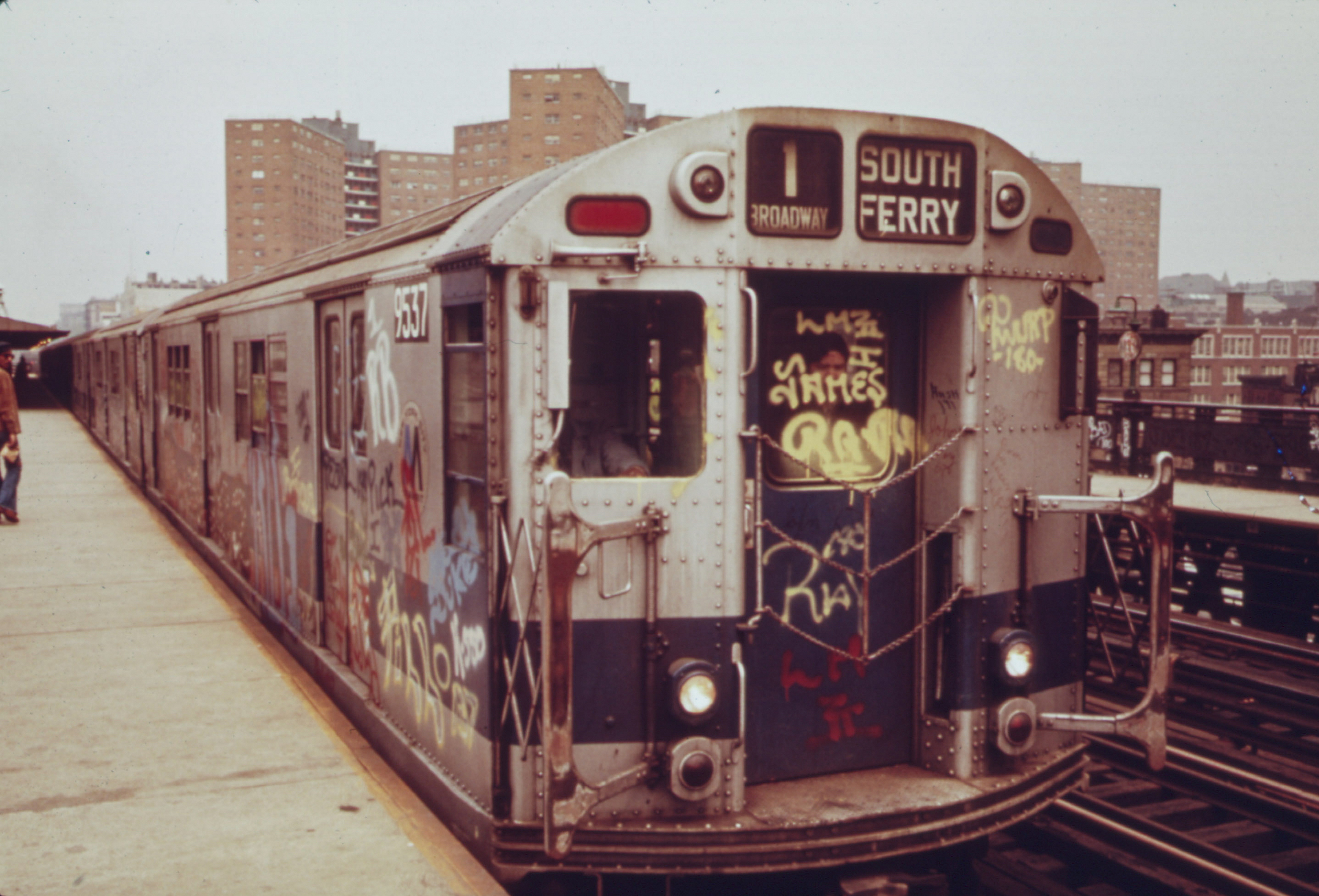 A subway car marked with extensive graffiti, New York City, New York, May, 1973. Image courtesy National Archives. 