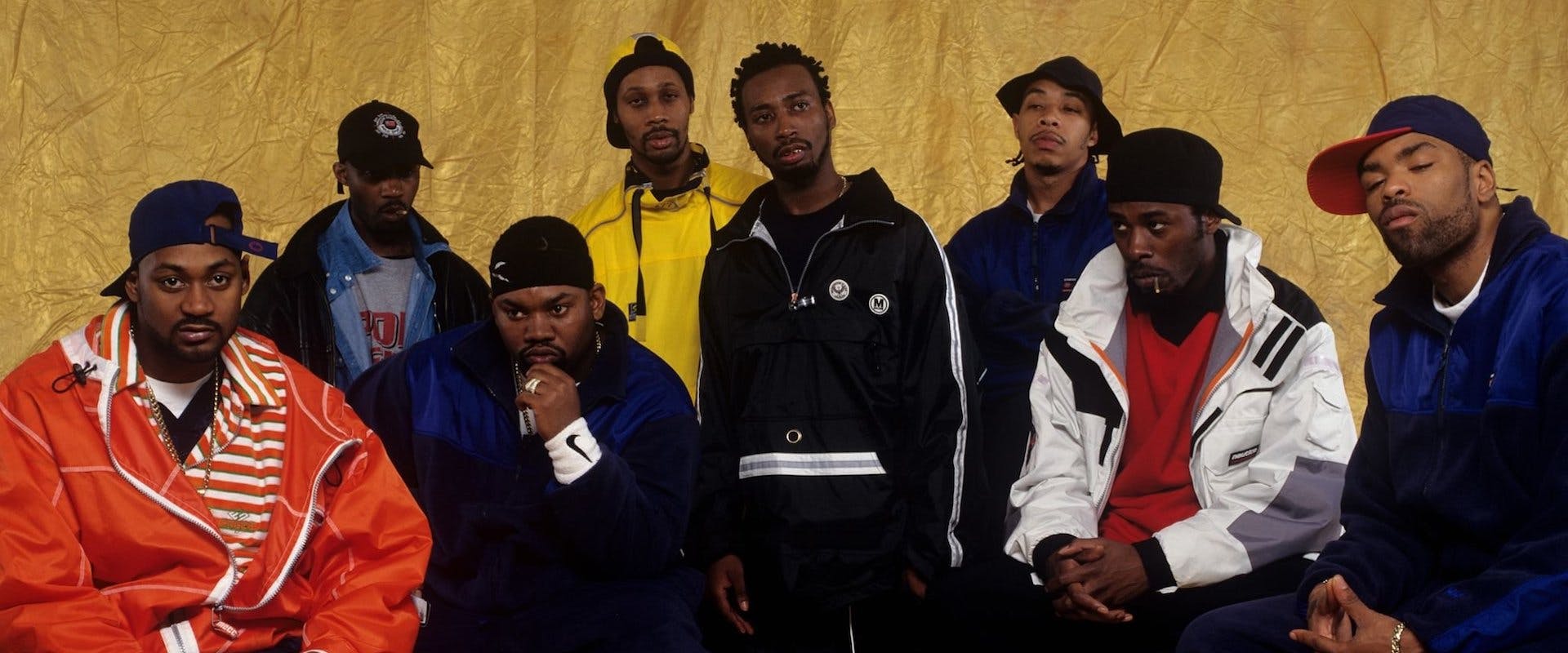 Wu-Tang Clan (L - R) Ghostface Killah, Masta Killa, Raekwon, RZA, Ol' Dirty Bastard GZA, U-God and Method Man pose for a April 1997 portrait in New York City, New York. (Photo by Bob Berg/Getty Images)