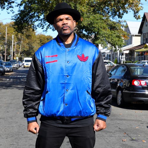 NEW YORK, NY - OCTOBER 05: Darryl McDaniels of the Hip Hop group "Run DMC" are seen at a photoshoot for Adidas in front of a Jam Master Jay mural in Hollis Avenue, Queens. on October 05, 2020 in New York City. (Photo by Jose Perez/Bauer-Griffin/GC Images)