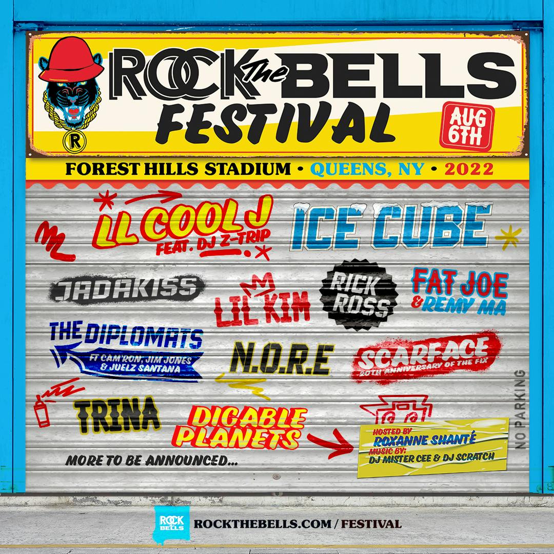 The flyer for the Rock The Bells festival featuring LL COOL J, Ice Cube, Jadakiss, The Diplomats, Lil Kim, Ghostface, Raekwon, Rick Ross, and Digable Planets.