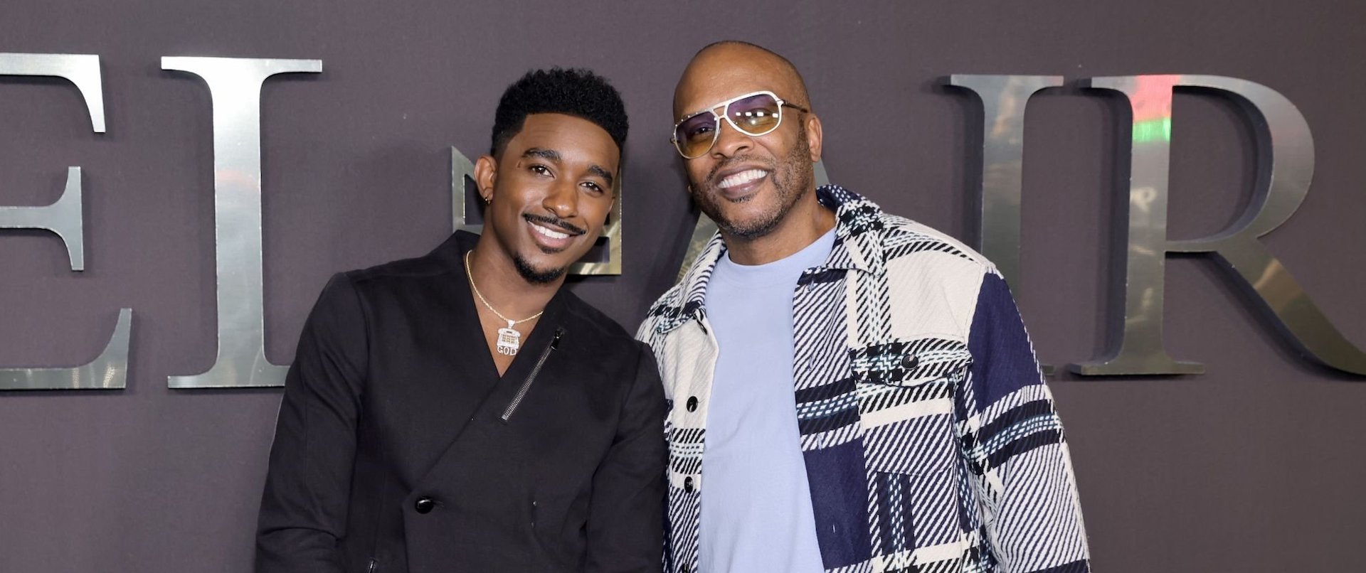 (L-R) Jordan L. Jones and DJ Jazzy Jeff attend Peacock's new series "BEL-AIR" premiere party and drive-thru screening experience at Barker Hangar on February 09, 2022 in Santa Monica, California.