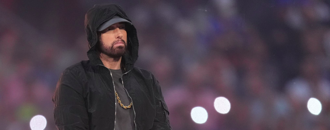 NGLEWOOD, CALIFORNIA - FEBRUARY 13: Eminem performs in the Pepsi Halftime Show during the NFL Super Bowl LVI football game between the Cincinnati Bengals and the Los Angeles Rams at SoFi Stadium on February 13, 2022 in Inglewood, California. 