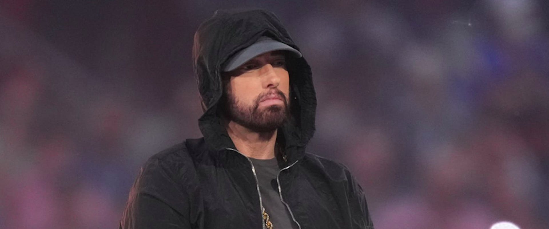 NGLEWOOD, CALIFORNIA - FEBRUARY 13: Eminem performs in the Pepsi Halftime Show during the NFL Super Bowl LVI football game between the Cincinnati Bengals and the Los Angeles Rams at SoFi Stadium on February 13, 2022 in Inglewood, California. 