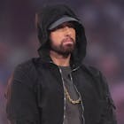 NGLEWOOD, CALIFORNIA - FEBRUARY 13: Eminem performs in the Pepsi Halftime Show during the NFL Super Bowl LVI football game between the Cincinnati Bengals and the Los Angeles Rams at SoFi Stadium on February 13, 2022 in Inglewood, California. 