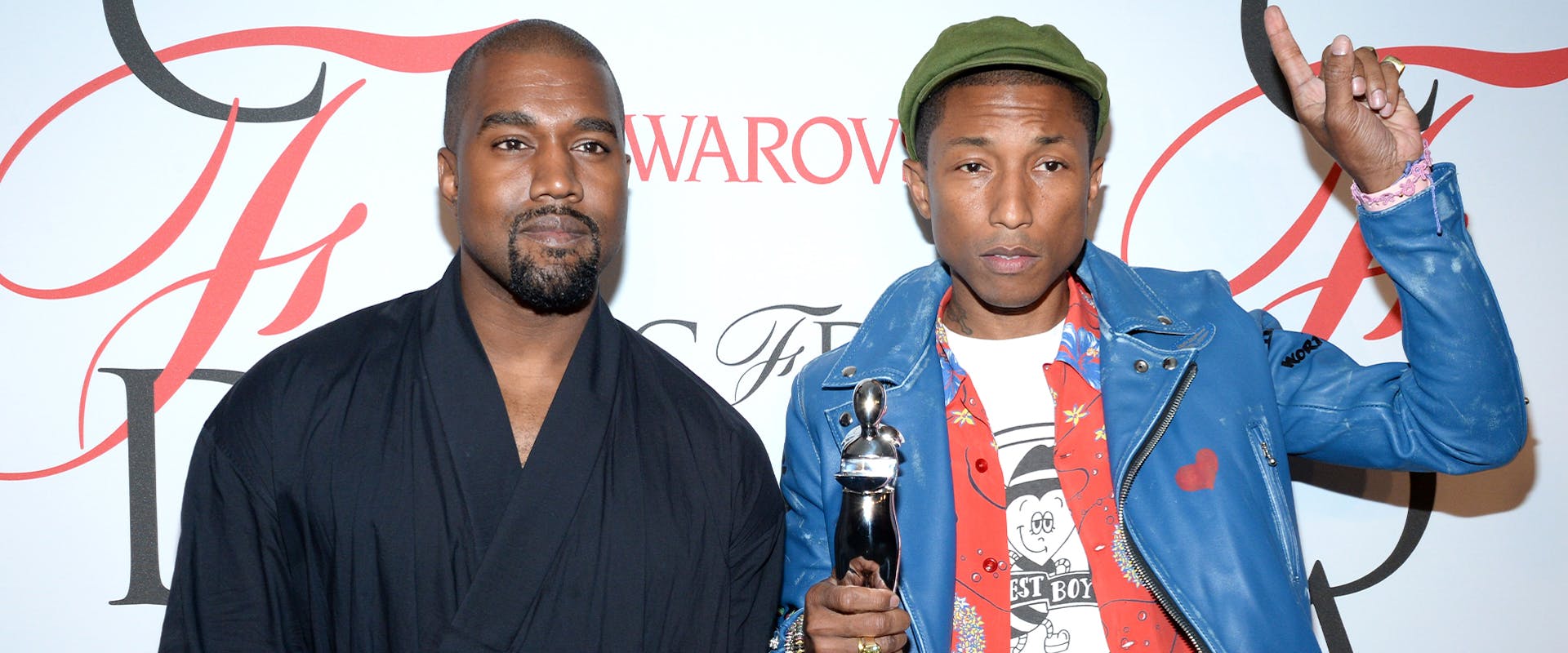 NEW YORK, NY - JUNE 01: Kanye West and Pharrell Williams pose backstage at the 2015 CFDA Fashion Awards at Alice Tully Hall at Lincoln Center on June 1, 2015 in New York City.