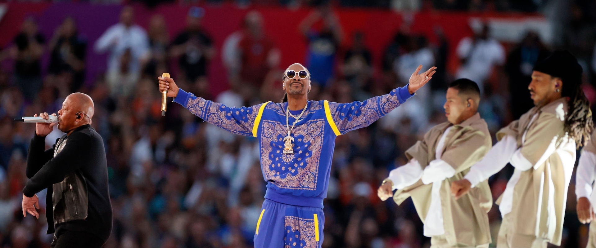 Dr. Dre and Snoop Dogg perform during the Pepsi Super Bowl LVI Halftime Show at SoFi Stadium on February 13, 2022 in Inglewood, California.