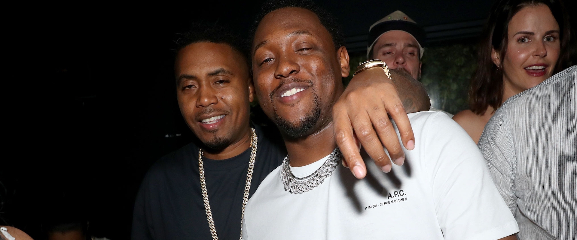 Nas (L) and Hit-Boy attend a birthday party for Monica Bittenbender & Simon Kim at Cote Korean Steakhouse on May 18, 2021 in New York City.