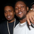 Nas (L) and Hit-Boy attend a birthday party for Monica Bittenbender & Simon Kim at Cote Korean Steakhouse on May 18, 2021 in New York City.