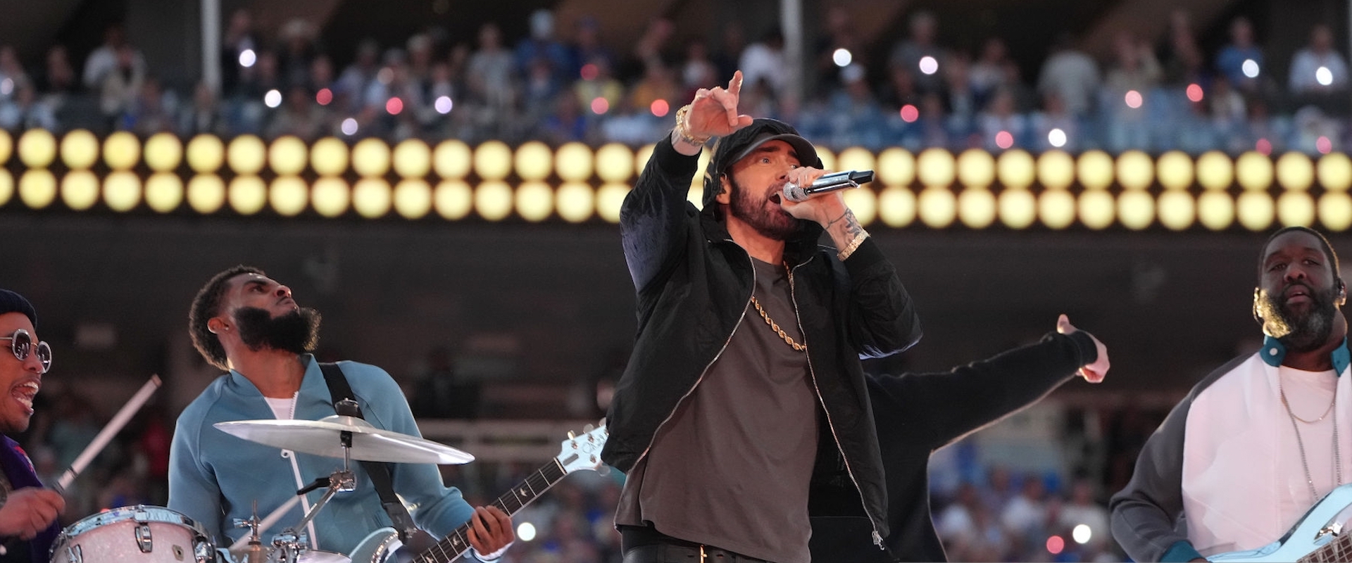 Eminem performs onstage during the Pepsi Super Bowl LVI Halftime Show at SoFi Stadium on February 13, 2022 in Inglewood, California. 