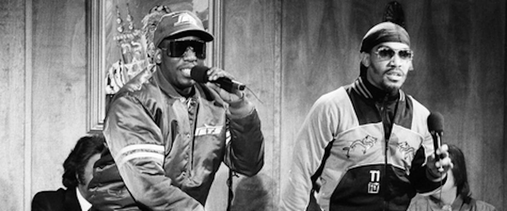 SATURDAY NIGHT LIVE -- Episode 12 -- Pictured: (l-r) Quincy Jones as Reverend James Walker, and Kool Moe Dee & Melle Mel as Raf-San Cool MC during "Crown Heights" skit on February 10, 1990 