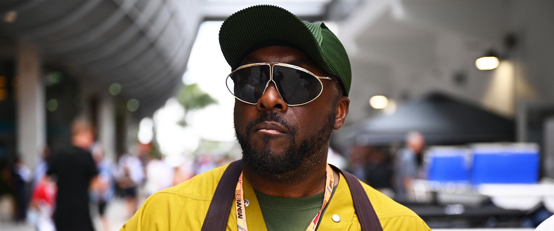 MIAMI, FLORIDA - MAY 08: Will.I.Am walks in the Paddock prior to the F1 Grand Prix of Miami at the Miami International Autodrome on May 08, 2022 in Miami, Florida