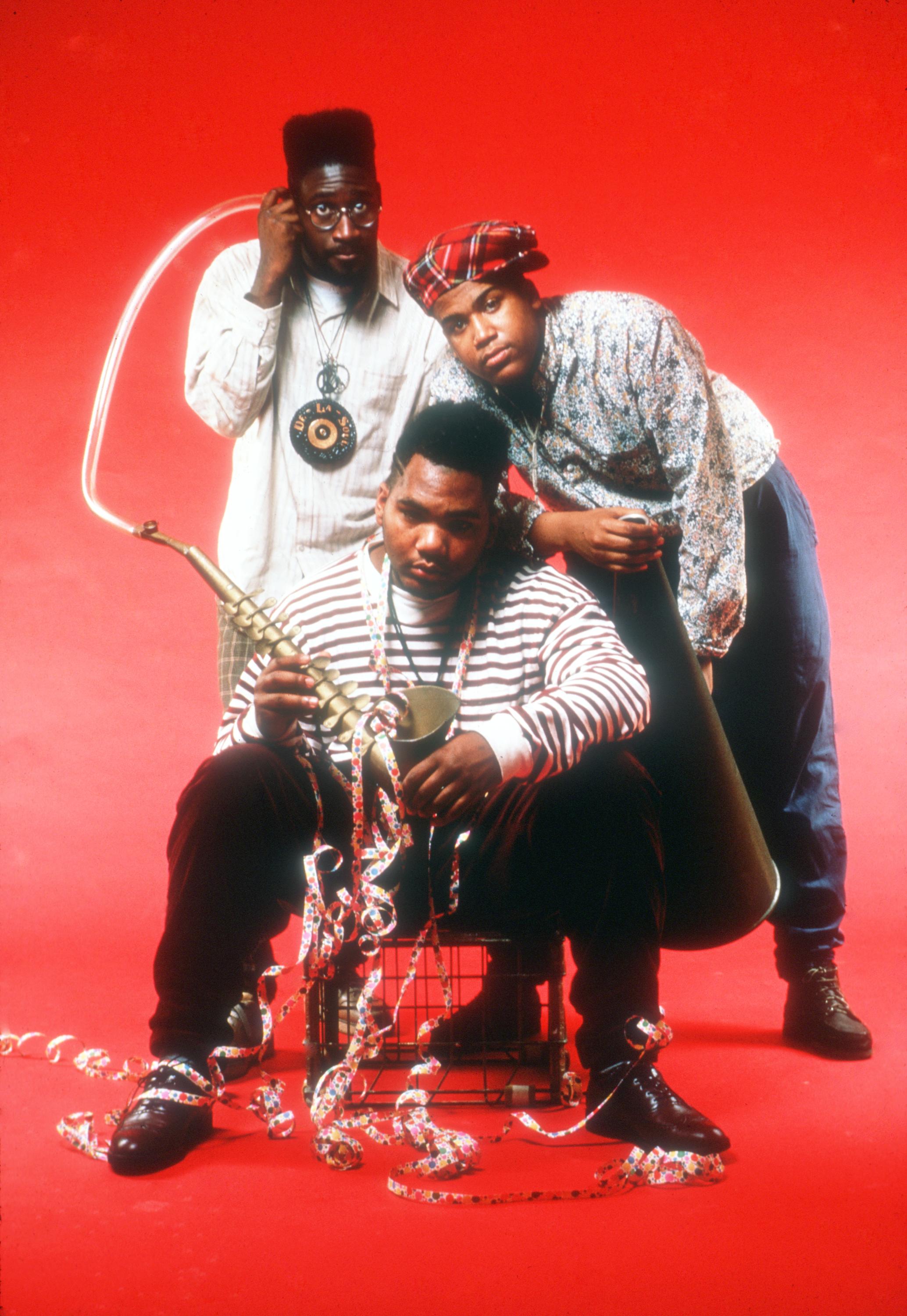 Kevin Mercer aka Posdnuos aka Mercenary aka Plug Wonder Why aka Plug One, Vincent Mason aka P.A. Pasemaster Mase aka Maseo aka Plug Three, David Jude Jolicoeur aka Trugoy the Dove aka Dave aka Plug Two and of the hip hop trio De La Soul pose for a portrait in circa 1990. 