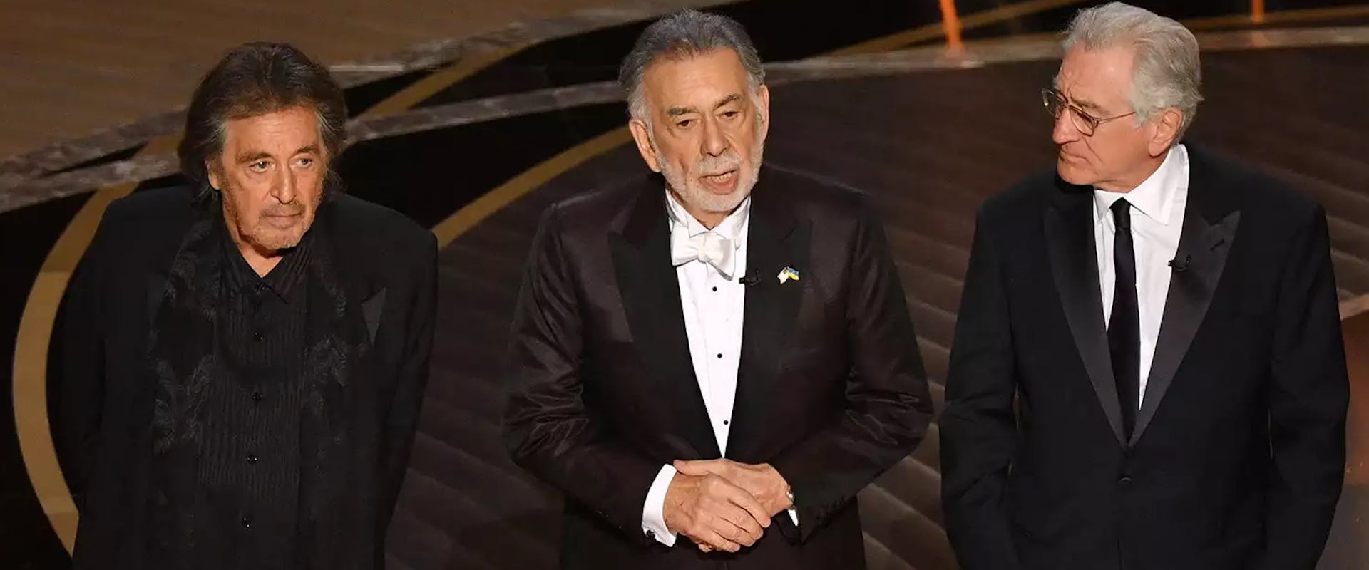 Al Pacino, Francis Ford Coppola, and Robert De Niro onstage during the 94th Academy Awards ceremony, presented by the Academy of Motion Picture Arts and Sciences, at the Dolby Theatre in Los Angeles on March 27, 2022