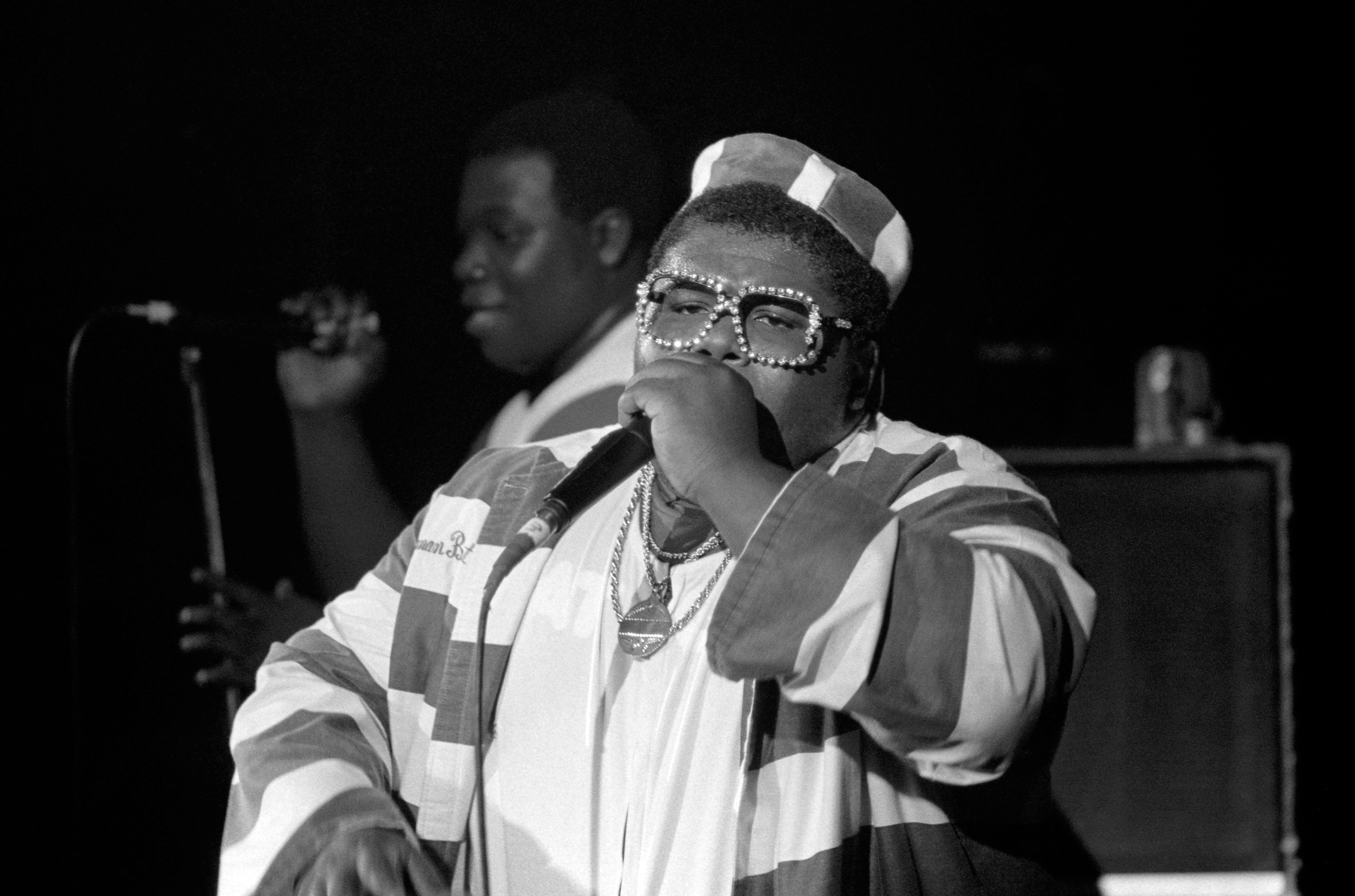 American rapper, beatboxer, and actor Darren "Buff Love" Robinson (1967 - 1995), of the American hip hop trio The Fat Boys, sings on stage during the 1985 Fresh Fest at the Providence Civic Center in Providence, Rhode Island in August 1985