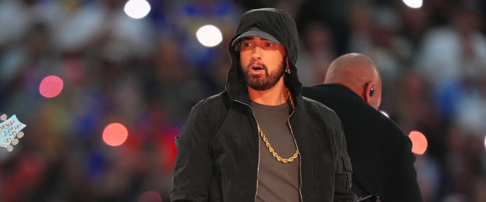 NGLEWOOD, CALIFORNIA - FEBRUARY 13: Eminem performs in the Pepsi Halftime Show during the NFL Super Bowl LVI football game between the Cincinnati Bengals and the Los Angeles Rams at SoFi Stadium on February 13, 2022 in Inglewood, California