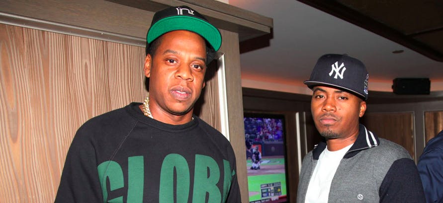 NEW YORK, NY - SEPTEMBER 26: (L-R) Jay-Z and Nas attend the Premiere Of NBA 2K13 With Cover Athletes And NBA Superstars at 40 / 40 Club on September 26, 2012 in New York City. 