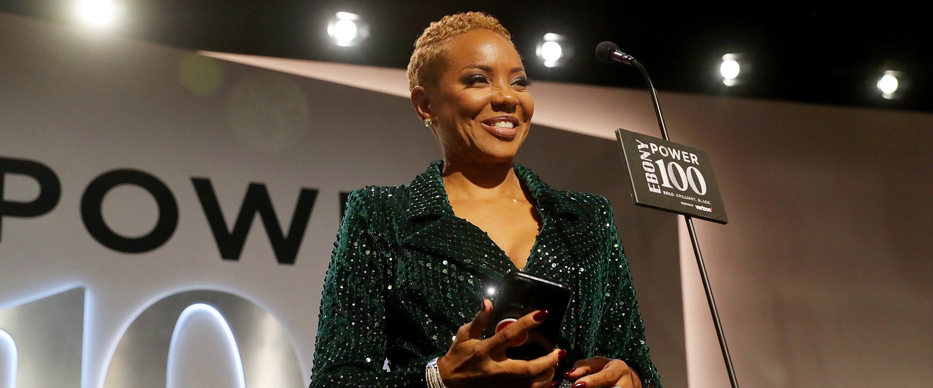 MC Lyte speaks onstage during the EBONY Power 100 Awards Gala at The Beverly Hilton on October 23, 2021 in Beverly Hills, California.