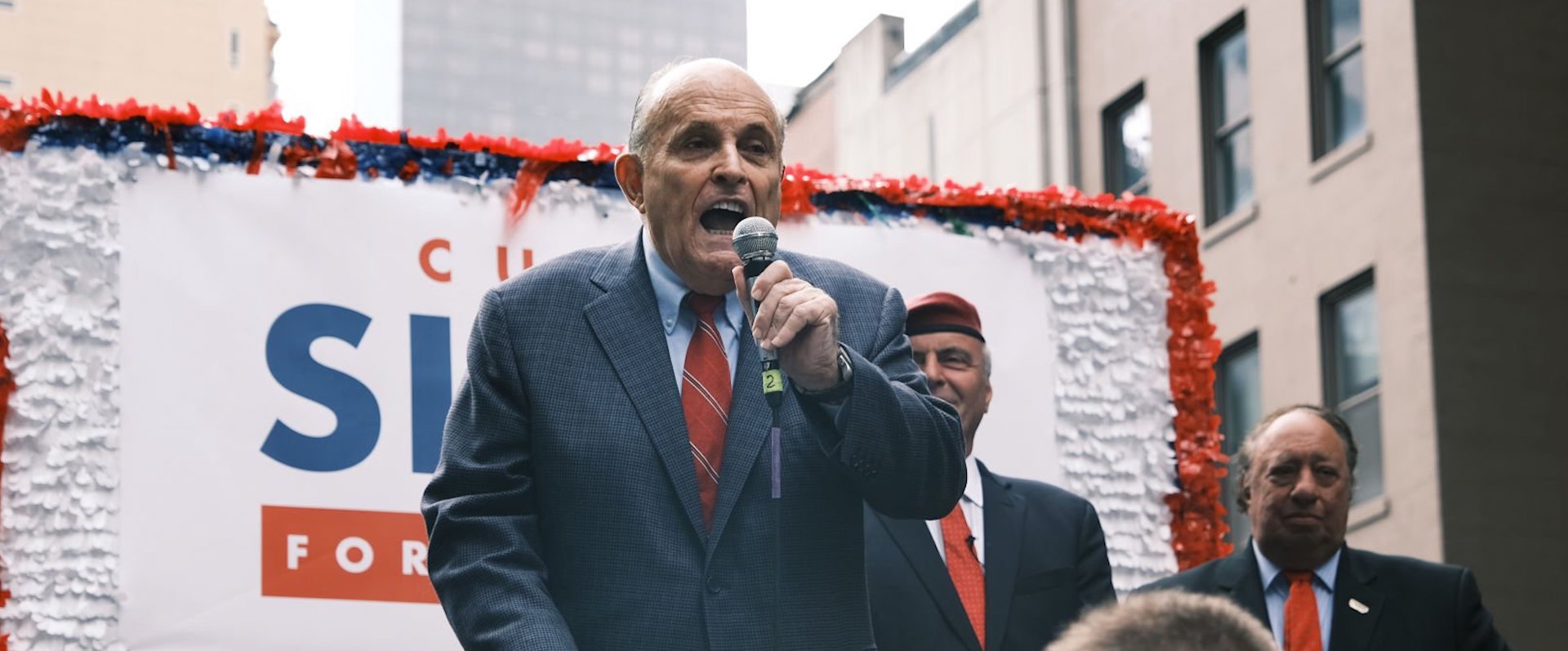 Former New York City Mayor Rudy Giuliani makes an appearance in support of fellow Republican Curtis Sliwa who is running for NYC mayor on June 21, 2021 in New York City. 