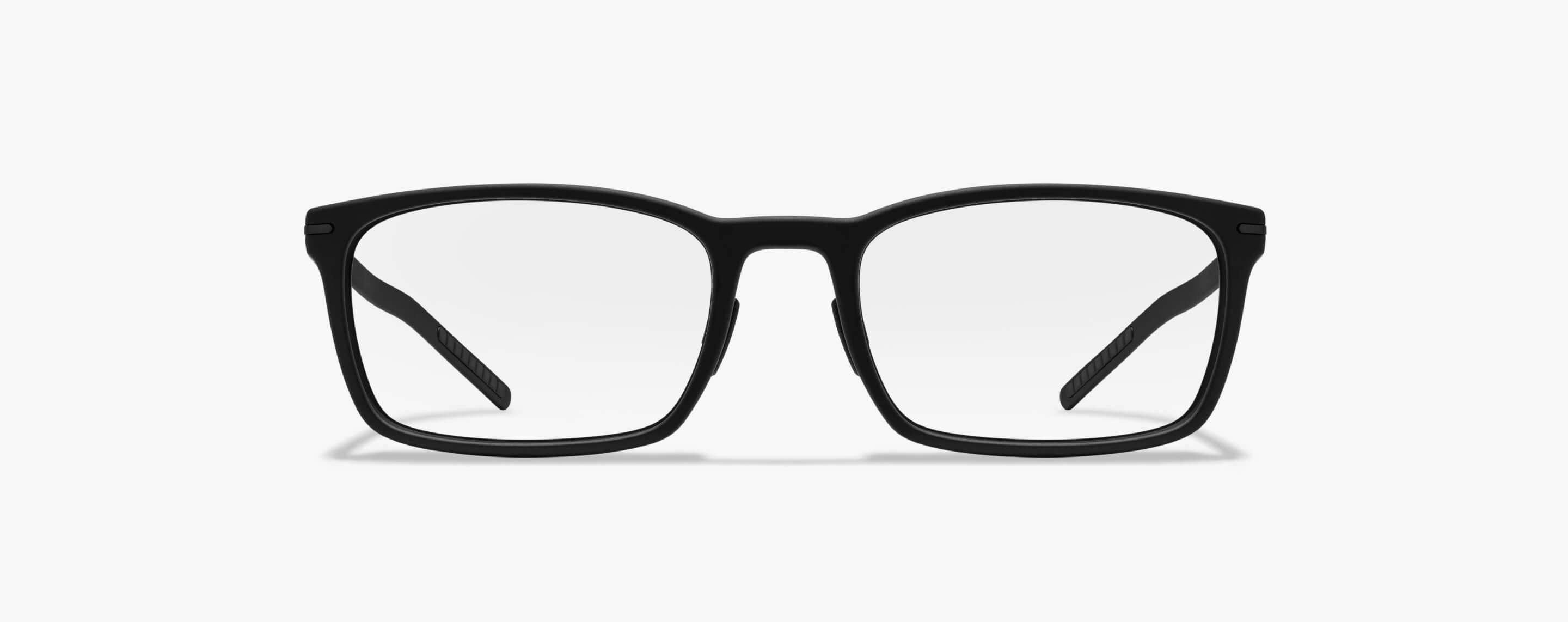 Front view of sharp rectangular matte black Palmer eyeglasses