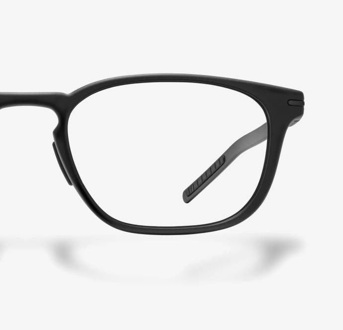 Front view of rectangular, matte black Cade eyeglasses