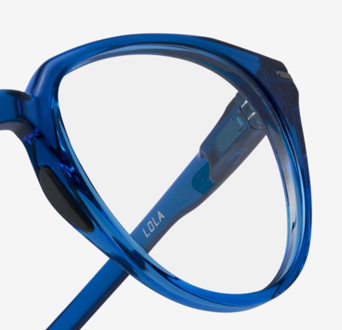 Angled view of cat eye, Crystal Blue Lola eyeglasses