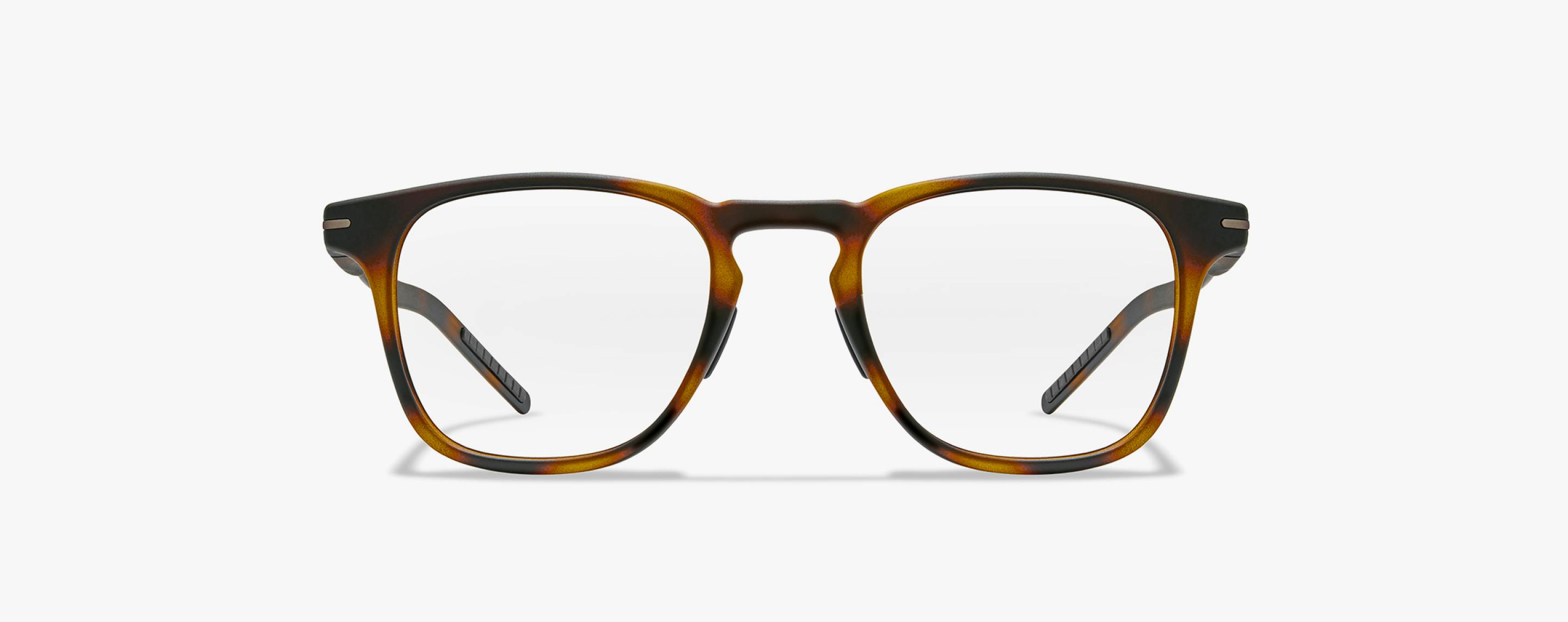 Front view of square, campfire tortoise Hunter eyeglasses