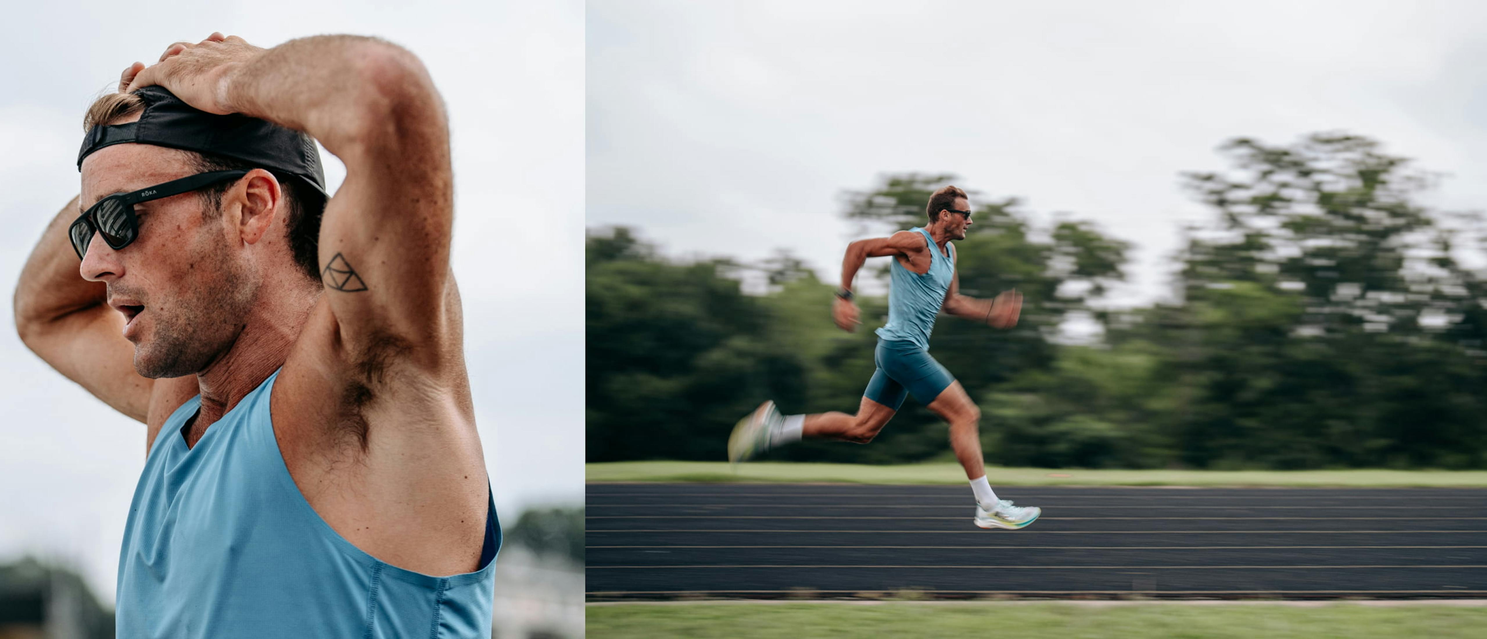 Man running on track wearing Estacado Sunglasses