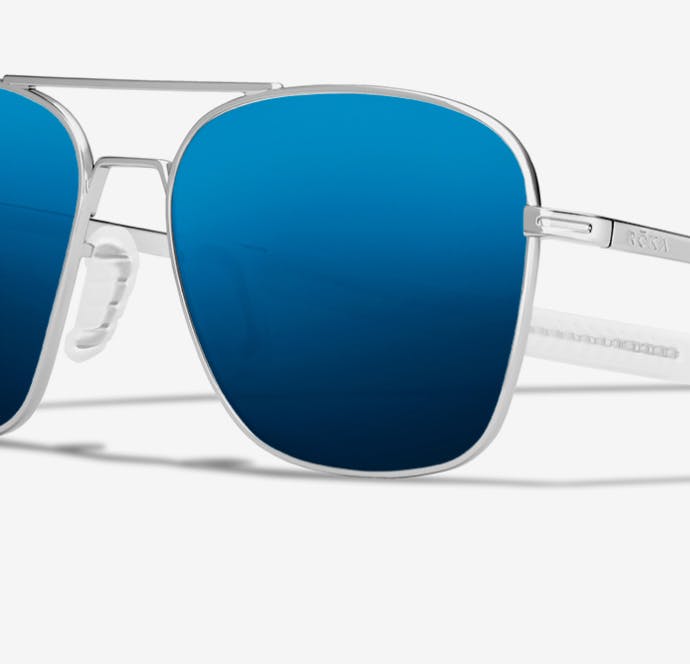 Angled view of silver frame, glacier mirror lens Falcon sunglasses