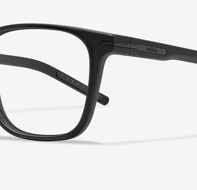 Angled view of rectangular, matte black Rory eyeglasses