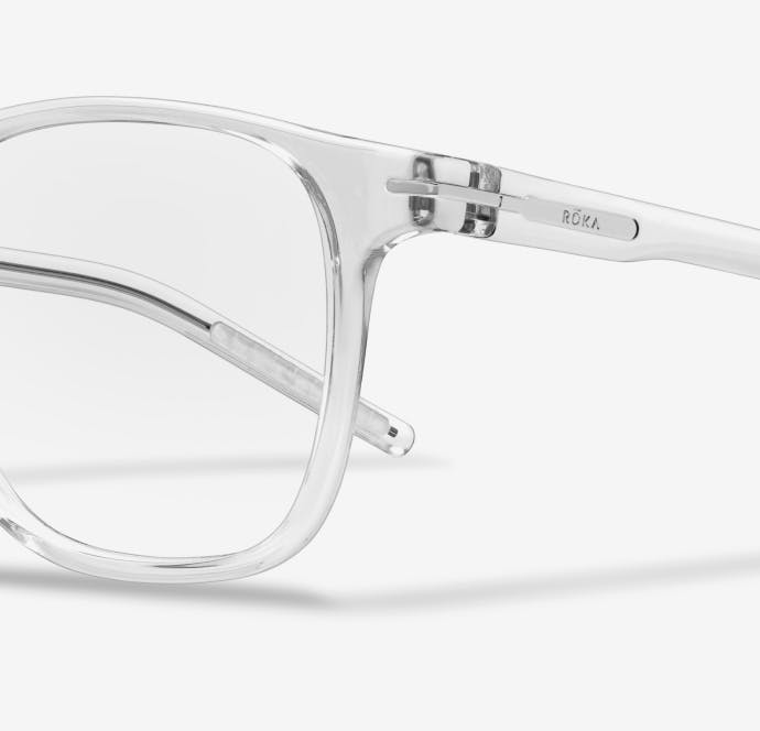 Angled view of square, clear Hunter eyeglasses