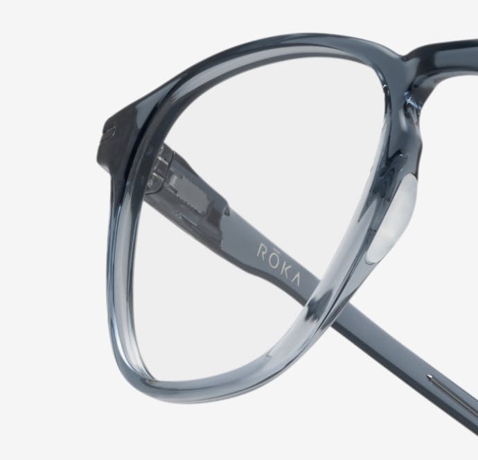 Angled view of square, crystal slate Hunter eyeglasses