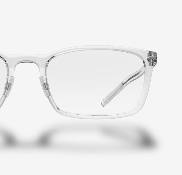 Front view of sharp rectangular, clear Palmer eyeglasses