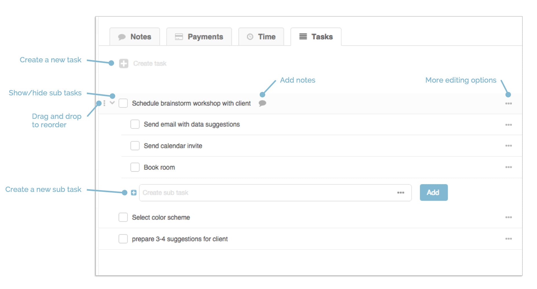 Tasks area on a project in Roll