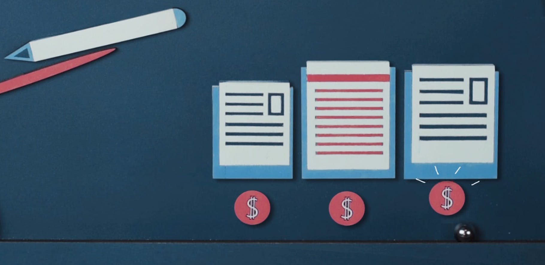 Illustration of different size files sitting on a desk with dollar sign symbols underneath