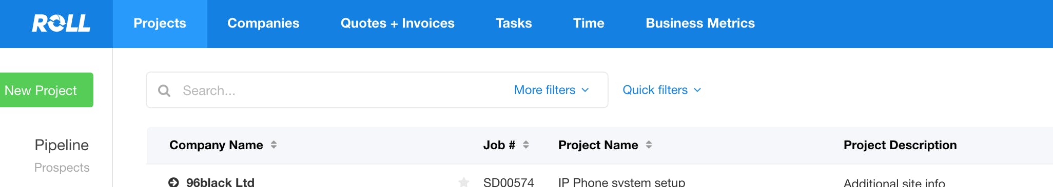 Projects search screen in Roll