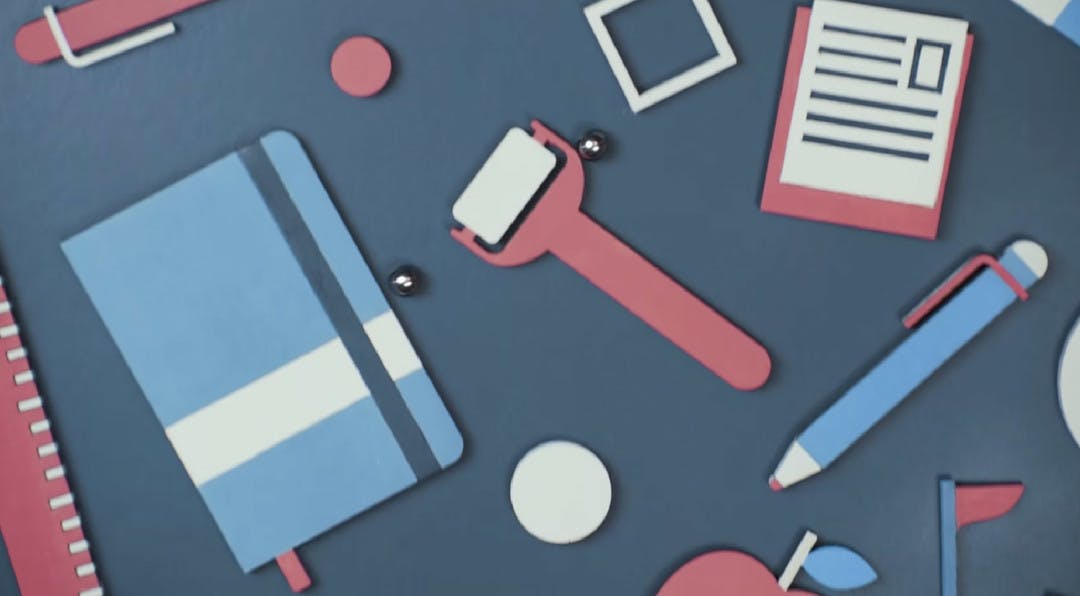 Illustration of a desk with office supplies scattered over it.