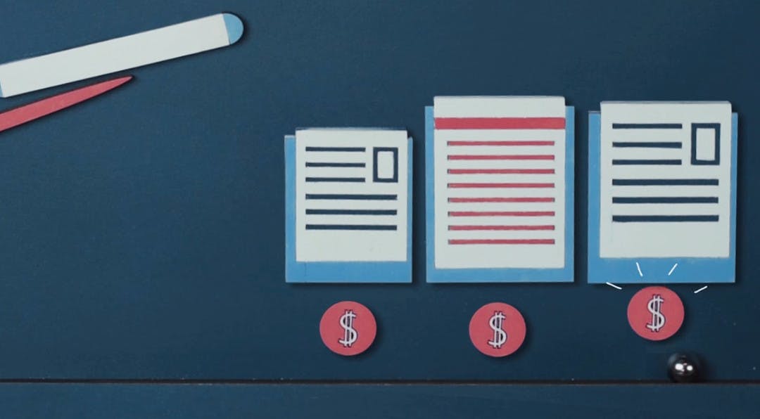 Illustration of different size files sitting on a desk with dollar sign symbols underneath