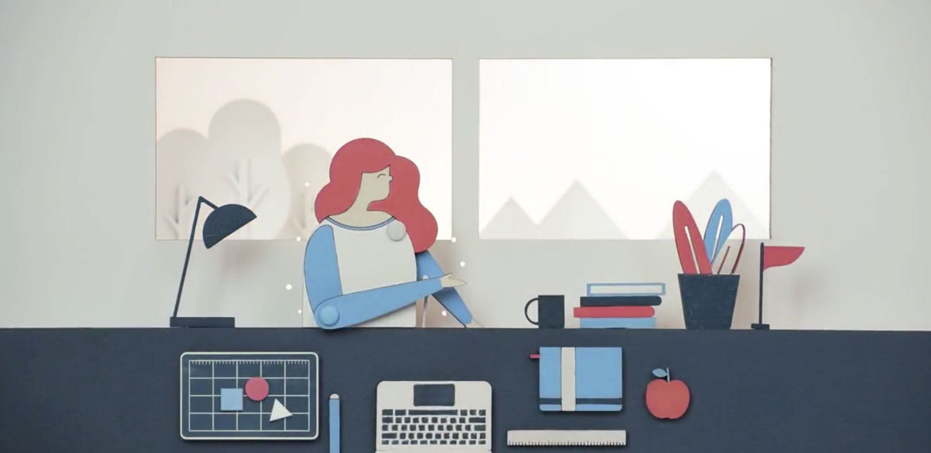 illustration of a women at her desk with laptop, files and office supplies