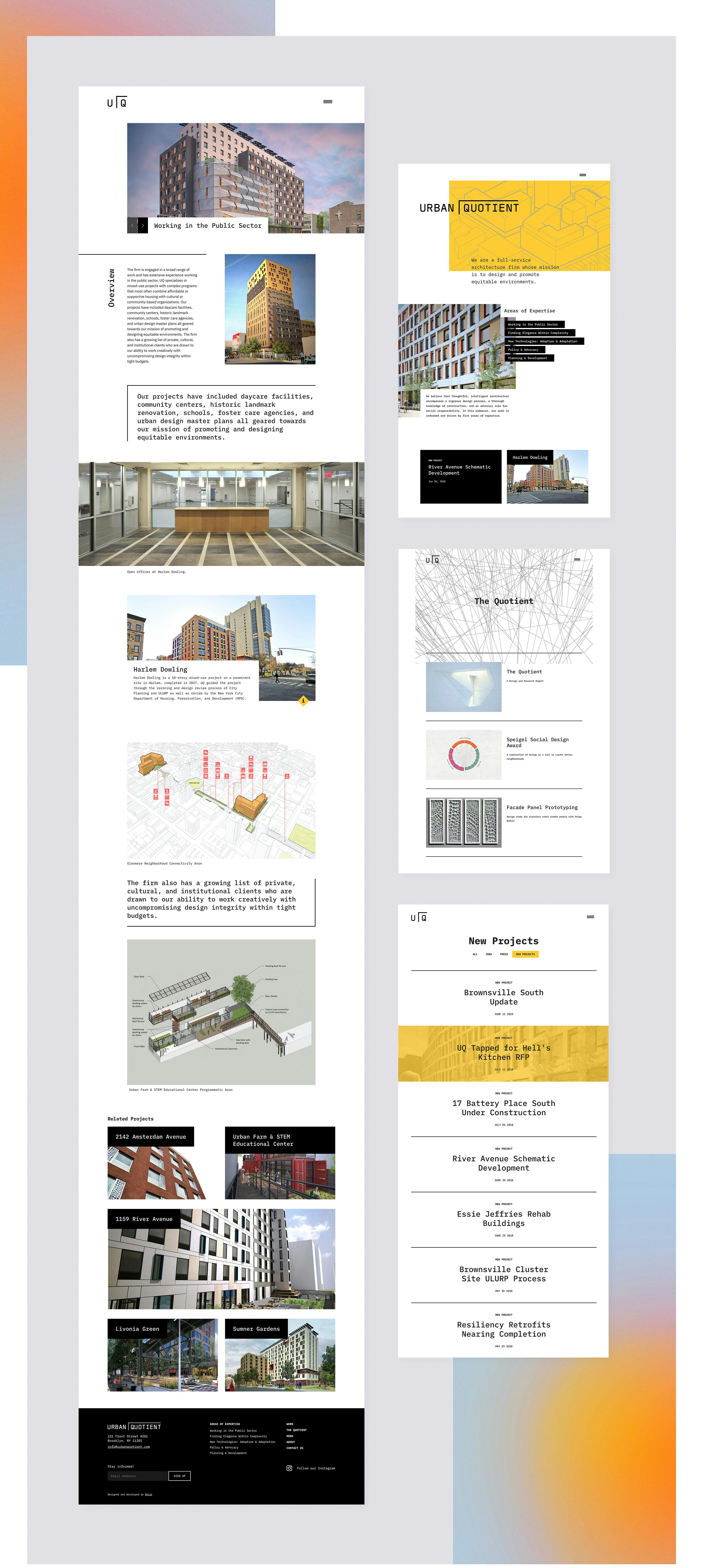 pages from the new Urban Quotient website featuring a descriptions of their work, a list of projects, and a sample case study featuring photography and diagrams of buildings.