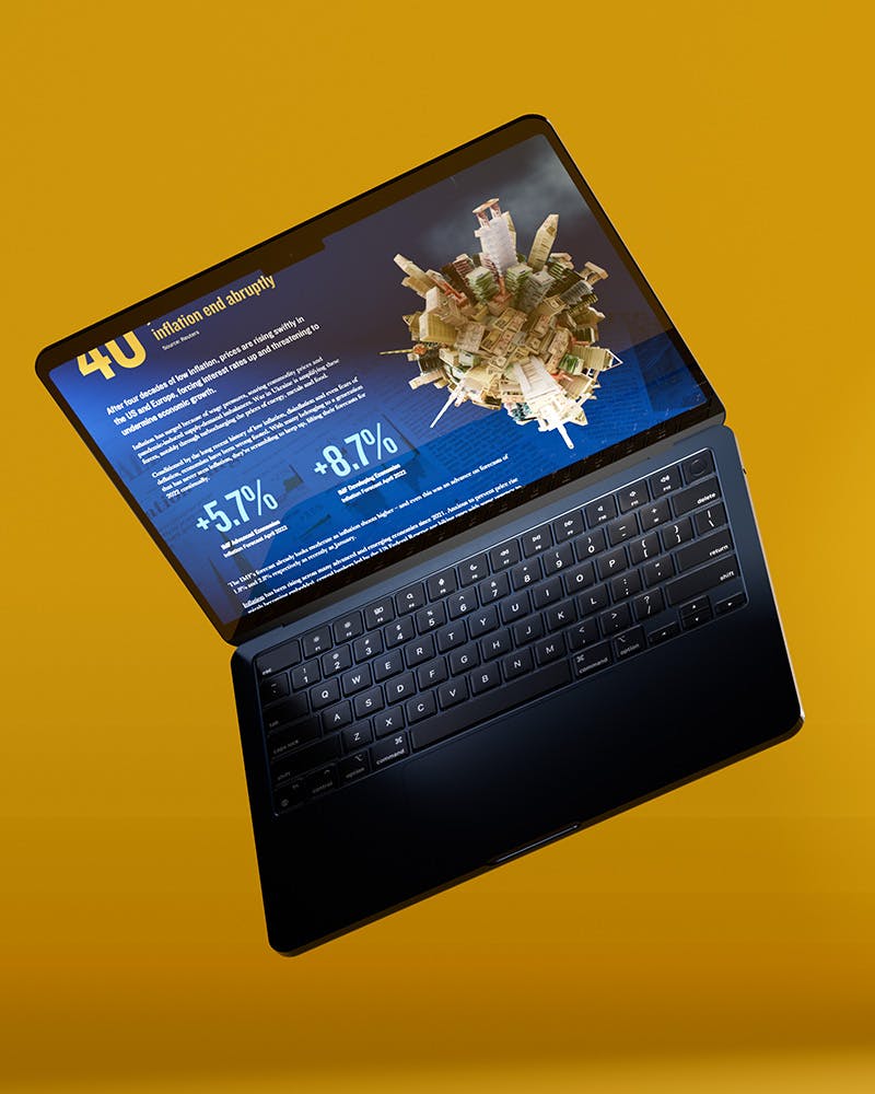 A sleek black laptop floats against a mustard-yellow background, displaying PGIM’s Outfront series content. The screen features economic insights on inflation, with bold "40" text, financial statistics, and a striking 3D cityscape globe made of skyscrapers and banknotes. The high-tech composition emphasizes finance, investment, and urban growth.