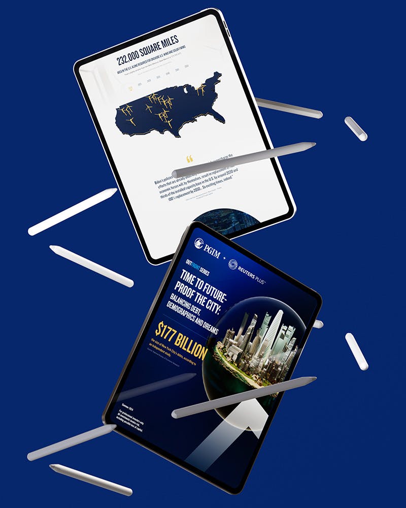 Two floating tablets display PGIM’s Outfront series on energy and urban development, featuring a U.S. wind energy map and a futuristic city. Styluses and capsules float around, enhancing a high-tech feel